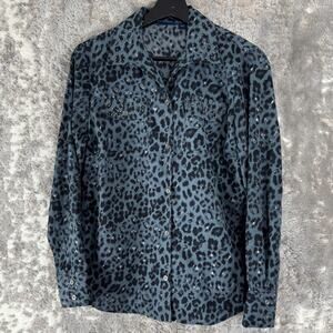 Gloria Vanderbilt Size S Leopard Print Rhinestone Casual Button Top Blue